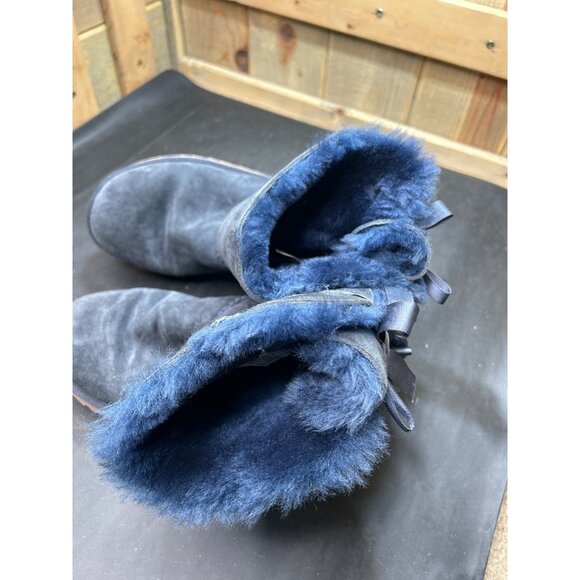 UGG Womens Mini Bailey Bow II Boots Size 7 Navy Blue Suede Shearling Warm Winter - Picture 8 of 9